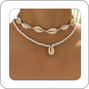 Bethynas Layered Seashell Pendant Choker Necklace Boho Conch Rainbow Bead Surfer Neck Chain Summer Beach Hawaiian Cowrie Rope Neck Jewelry for Women