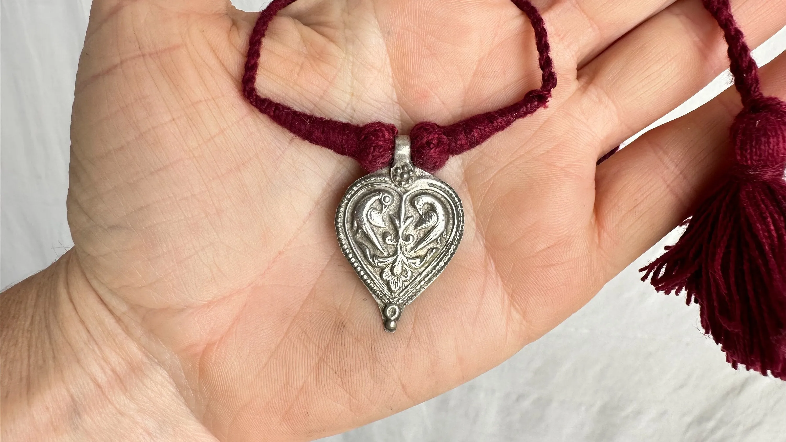 Birds Amulet Necklace. Antique. India. Sterling Silver. 1070.