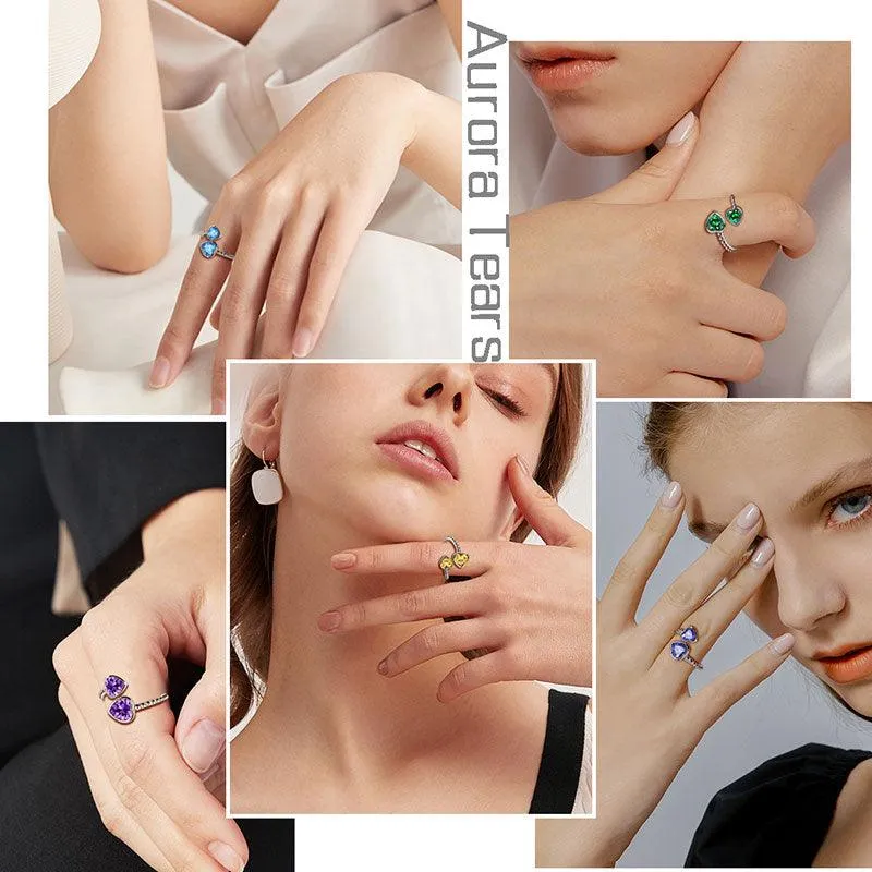 Birthstone May Emerald Love Hearts Ring Jewelry Women Girls Birthday Gift