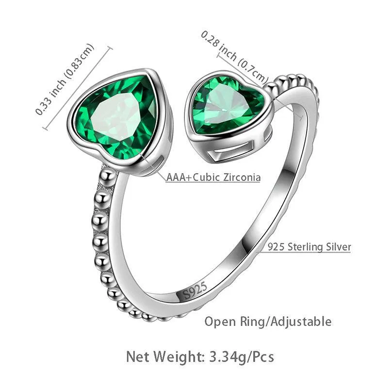 Birthstone May Emerald Love Hearts Ring Jewelry Women Girls Birthday Gift