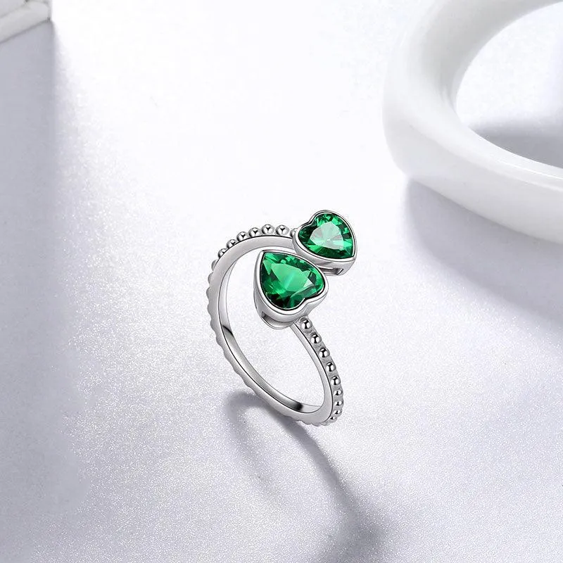Birthstone May Emerald Love Hearts Ring Jewelry Women Girls Birthday Gift
