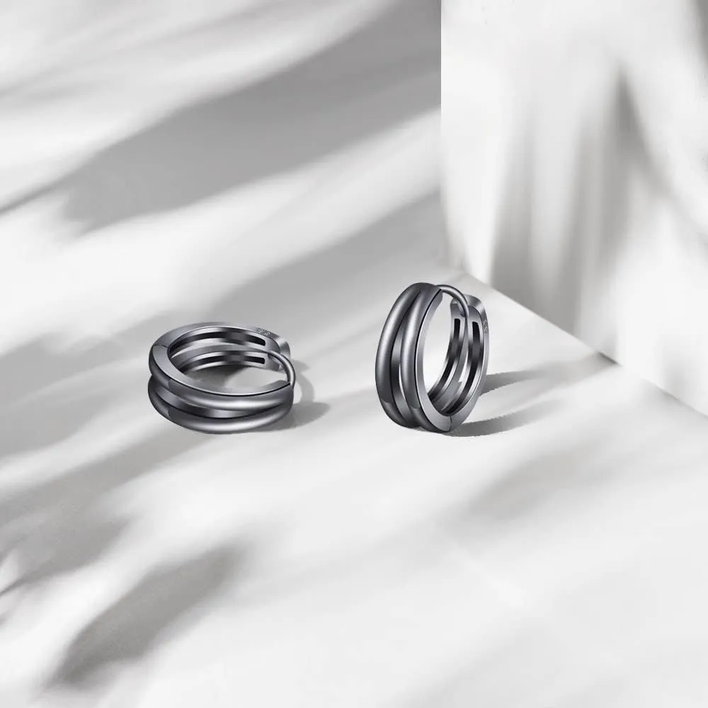 Black Double Hoop Earrings Men 925 Sterling Silver Split Hoop Huggie Earrings for Men and Women Simple Stylish 15MM