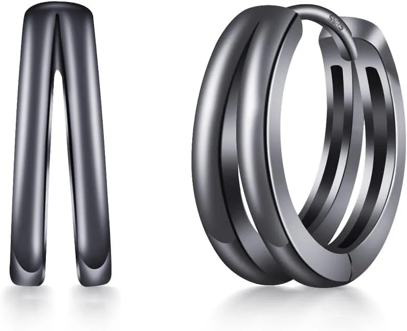 Black Double Hoop Earrings Men 925 Sterling Silver Split Hoop Huggie Earrings for Men and Women Simple Stylish 15MM