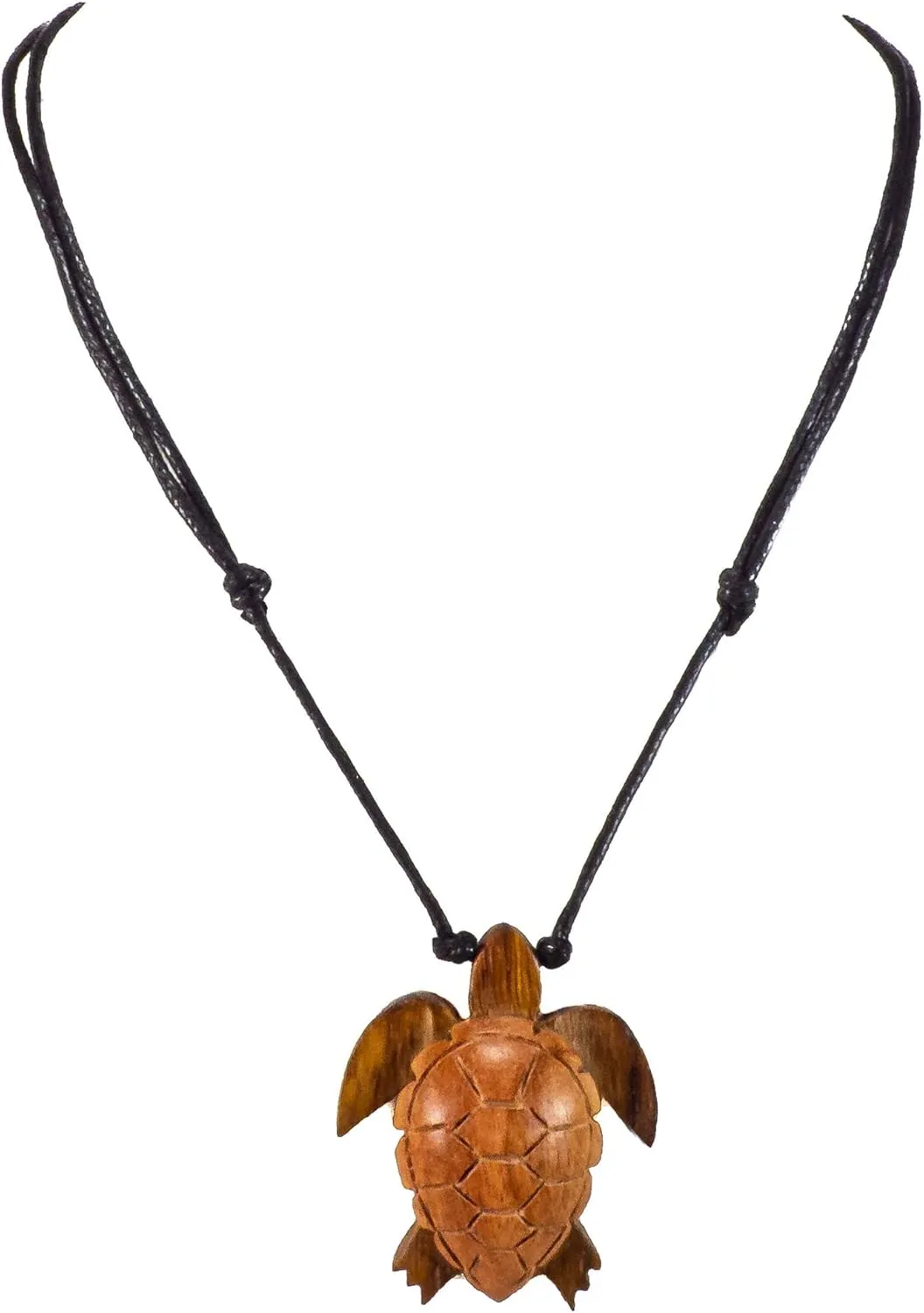 BlueRica Hand Carved Wood Sea Turtle on Adjustable Black Cord Necklace