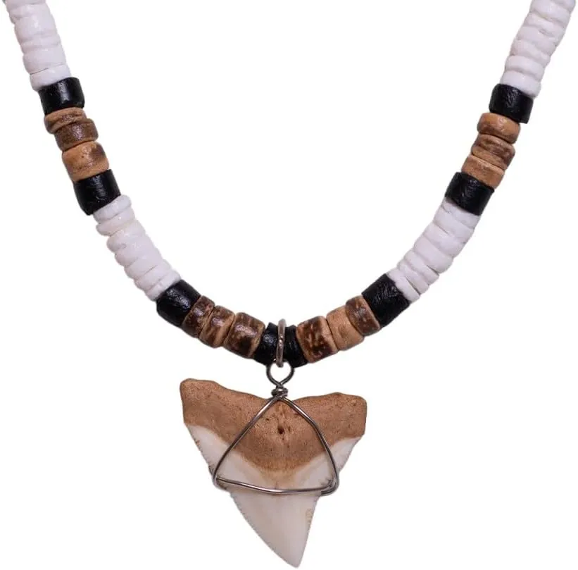 BlueRica Shark Tooth on Puka and Coconut Shell Beads Necklace (20" 4U)