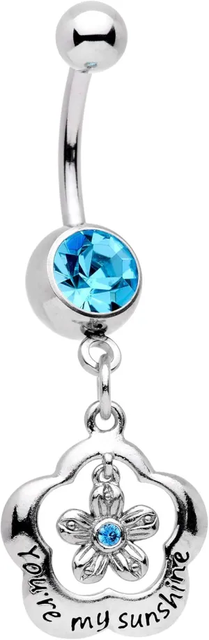 Body Candy 14G Womens 316L Stainless Steel 7/16" Blue Accent Youre My Sunshine Flower Dangle Belly Ring 11mm