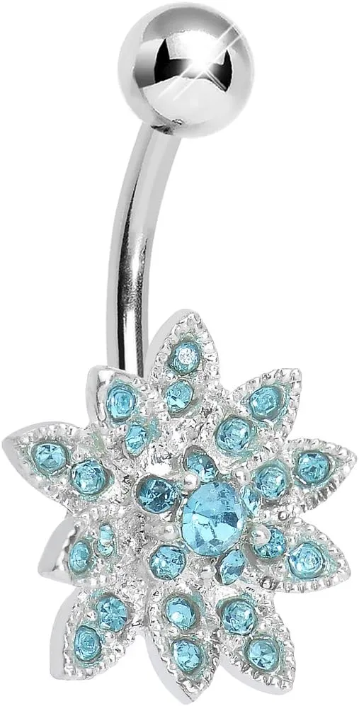 Body Candy Brilliant Blue 3D Dazzle Flower Stainless Steel Bar Belly Button Ring