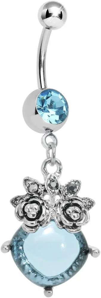 Body Candy Brilliant Blue Luminous Orb Victorian Roses Dangle Belly Ring