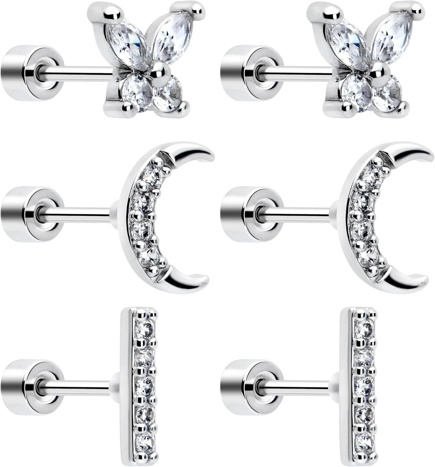 Body Candy Flat Back Earrings Studs - 3 Pairs of Stylish Surgical Stainless Steel Flat Back Earrings for Women - Sparkly CZ Stud Earrings Set for Women Men for Earlobes and Cartilage Hypoallergenic