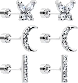 Body Candy Flat Back Earrings Studs - 3 Pairs of Stylish Surgical Stainless Steel Flat Back Earrings for Women - Sparkly CZ Stud Earrings Set for Women Men for Earlobes and Cartilage Hypoallergenic