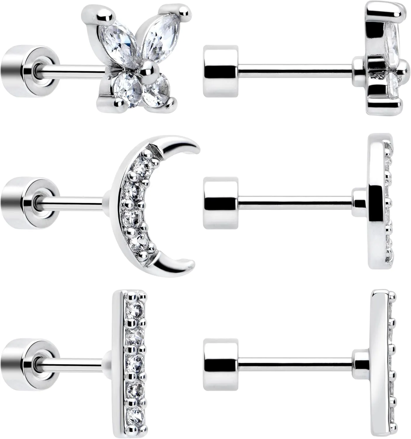 Body Candy Flat Back Earrings Studs - 3 Pairs of Stylish Surgical Stainless Steel Flat Back Earrings for Women - Sparkly CZ Stud Earrings Set for Women Men for Earlobes and Cartilage Hypoallergenic