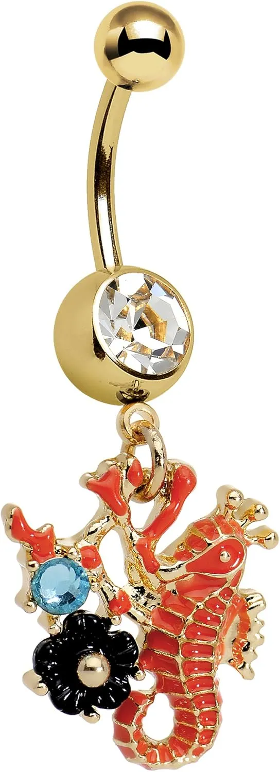 Body Candy Gold PVD Steel Clear Brilliant Blue Accent Orange Black Flower Seahorse Dangle Belly Ring