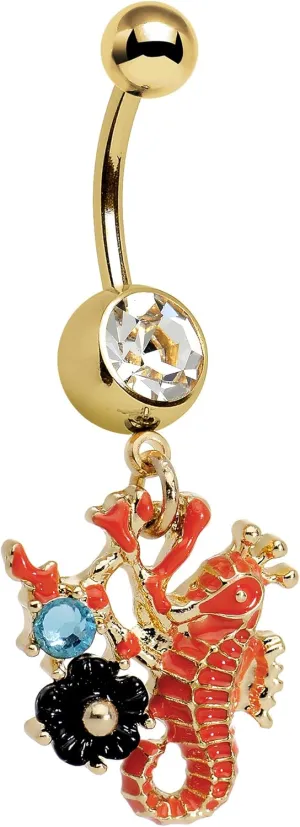 Body Candy Gold PVD Steel Clear Brilliant Blue Accent Orange Black Flower Seahorse Dangle Belly Ring