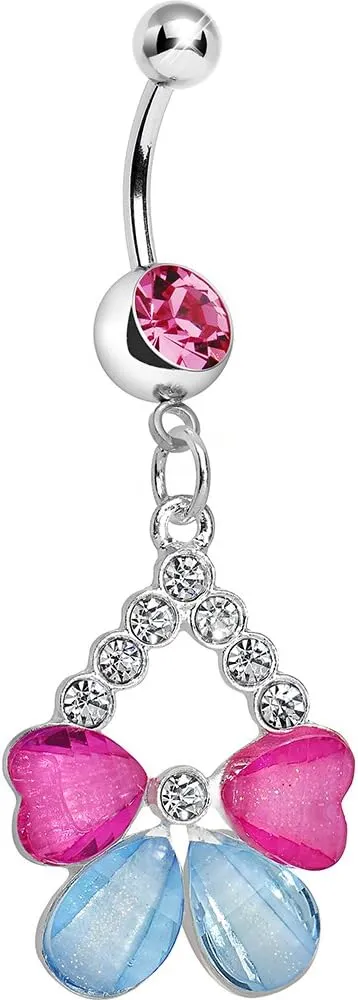 Body Candy Pink Split Drop Pink and Brilliant Blue Butterfly Dangle Belly Ring