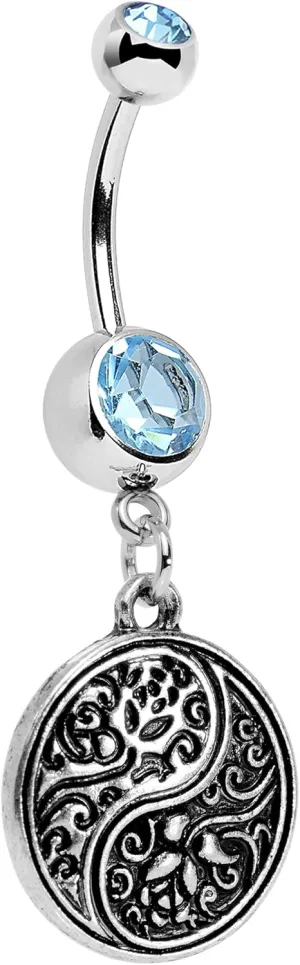 Body Candy Stainless Steel Brilliant Blue Accent Floral Fantasy Yin Yang Disc Dangle Belly Ring