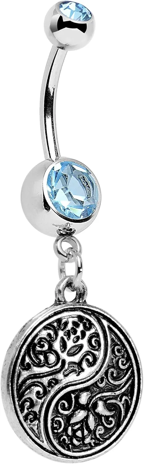 Body Candy Stainless Steel Brilliant Blue Accent Floral Fantasy Yin Yang Disc Dangle Belly Ring