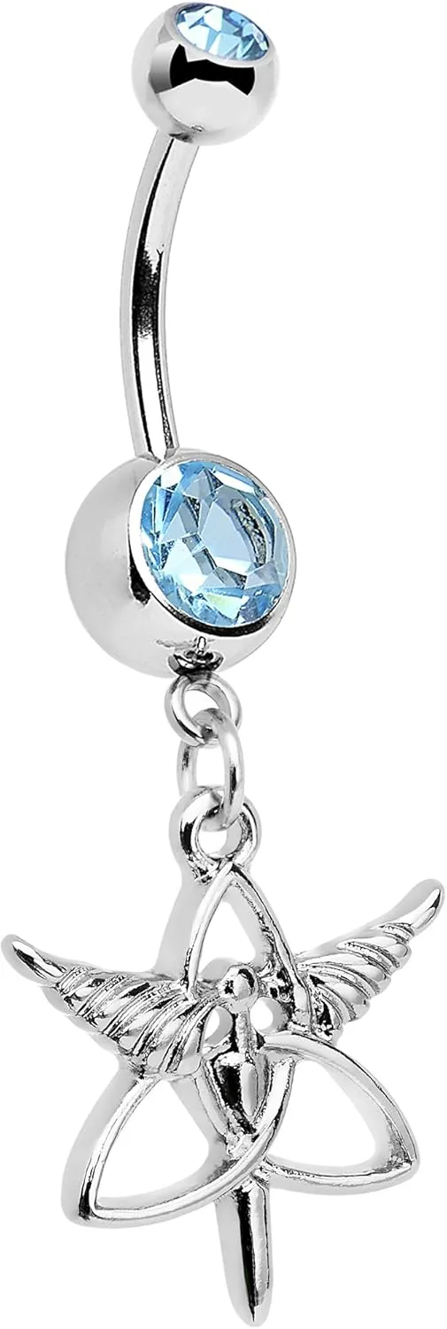 Body Candy Stainless Steel Brilliant Blue Accent Heroic Heralds Staff and Trinity Dangle Belly Ring