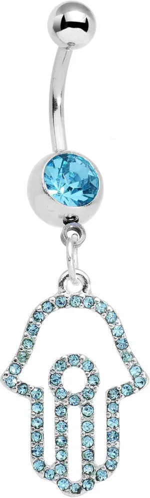 Body Candy Stainless Steel Brilliant Blue Accent Hollow Hamsa Hand Dangle Belly Ring