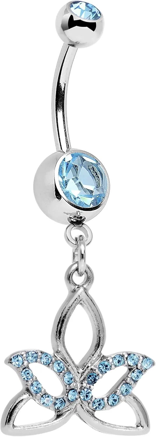 Body Candy Stainless Steel Brilliant Blue Accent Live in The Light Lotus Flower Dangle Belly Ring