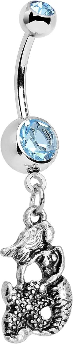 Body Candy Stainless Steel Brilliant Blue Accent Miss Mermaid and Mr Starfish Dangle Belly Ring