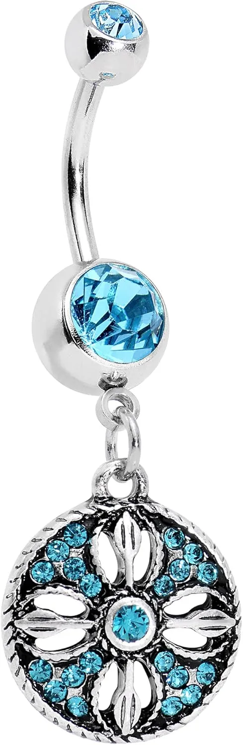 Body Candy Steel Brilliant Blue Accent Southwestern Flowering Disc Dangle Belly Ring