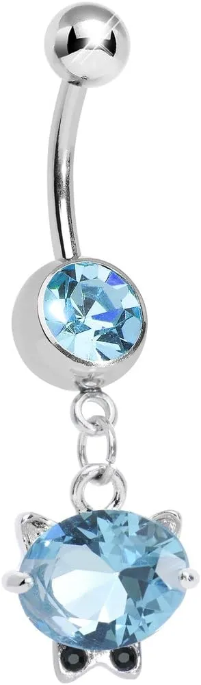 Body Candy Womens Brilliant Blue Black Tie Affair Swanky Cat Head Dangle Belly Ring