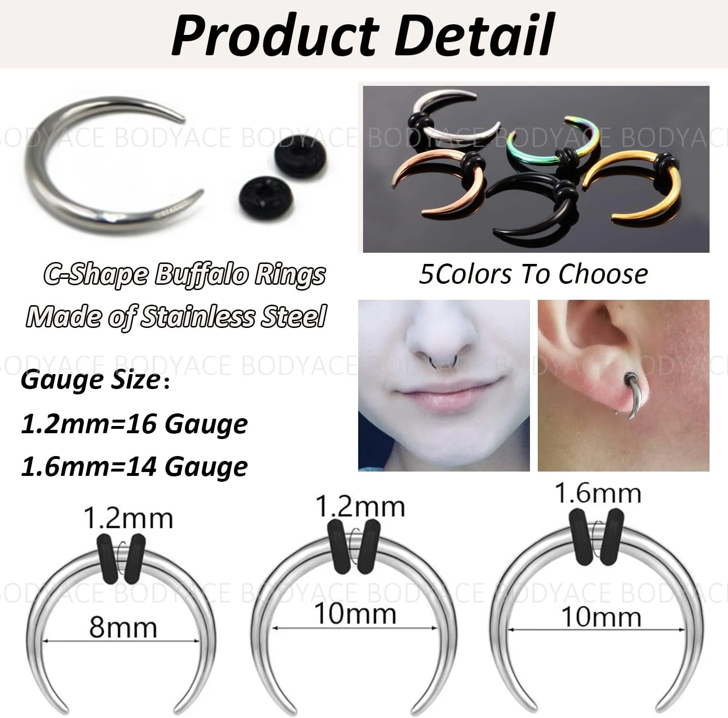 BodyAce C Shape Septum Pincher Tapers, 14G 16G Buffalo Ear Taper Kit Stretching Expanded Nose Rings, Horseshoes Black Gold Septum Rings with O-Rings