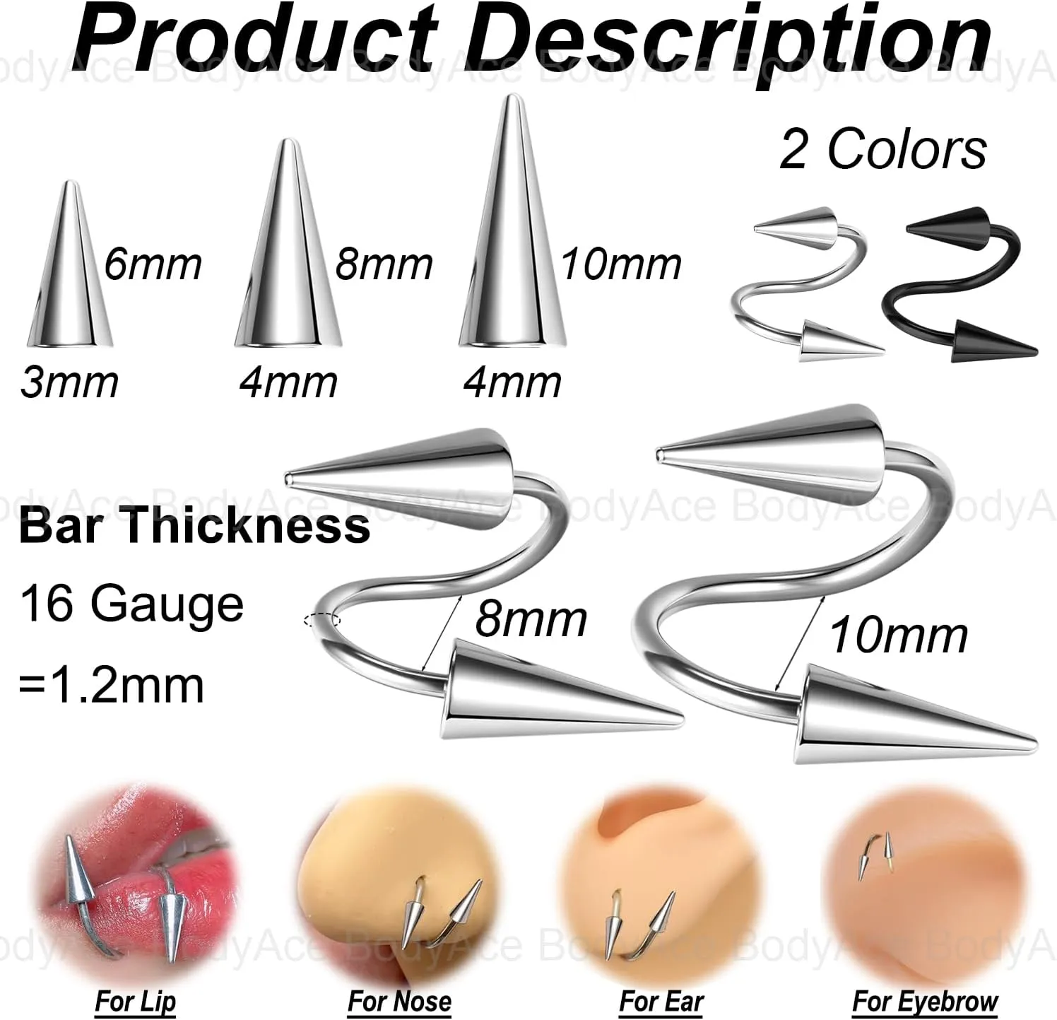BodyAce Spike Nose Rings Spiral Lip Rings, Stainless Steel Black Spike Earrings Cartilage Helix Piercing, Punk Spike Lower Labret Studs Piercing Jewelry
