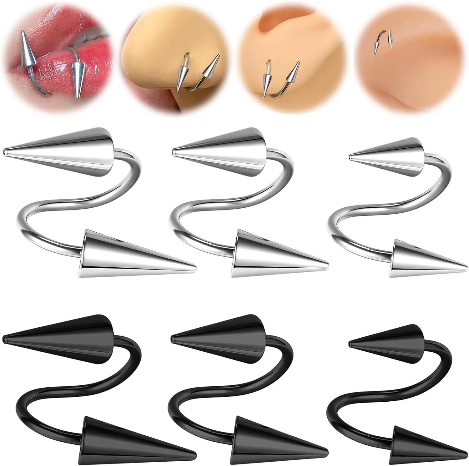 BodyAce Spike Nose Rings Spiral Lip Rings, Stainless Steel Black Spike Earrings Cartilage Helix Piercing, Punk Spike Lower Labret Studs Piercing Jewelry