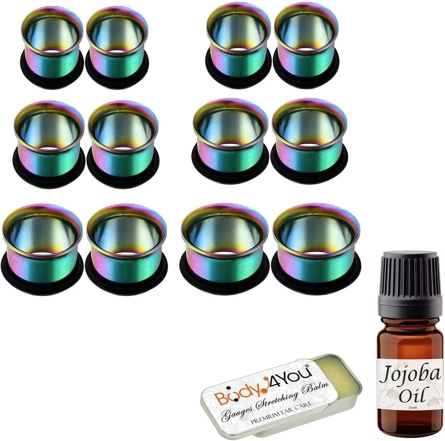 BodyJ4You 12PC Plugs Tunnels Ear Stretching Balm Wax Oil 00G-20mm Rainbow Steel Ear Stretching Gauges
