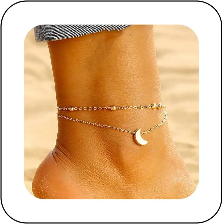 Bohemian Layered Moon Ankle Gold Crescent Moon Ankle Bracelet Station Bead Chain Anklets Small Sideways Moon Ankle Foot Chain Jewelry for Women Gifts