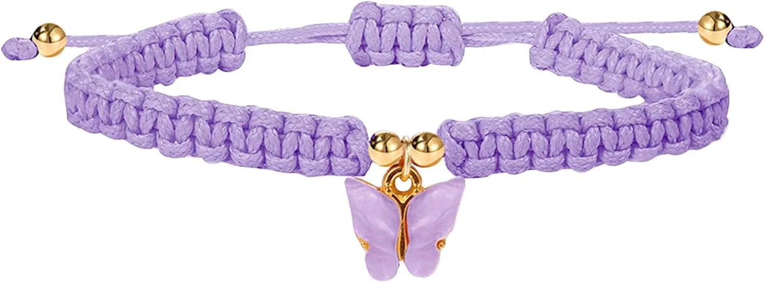 Boho Braided Rope Beach String Anklets Friendship Foot Jewelry Butterfly Ankle Bracelets Butterfly Bangle Bracelet Set (Purple, One Size)