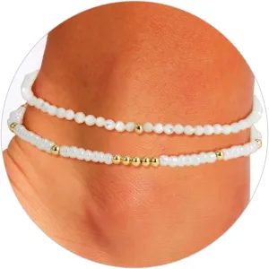 Boho Gold Anklet Bracelets for Women, Waterproof Beach Layered Pearl Beaded Turquoise Anklets Set Handmade Jewelry Gift