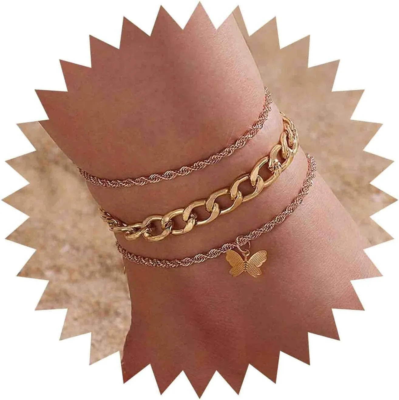 Boho Layered Butterfly Anklet Gold Curb Chain Ankle Bracelets Beach Twist Rope Anklet Butterfly Charm Anklets Foot Chain Jewelry for Women 3Pcs