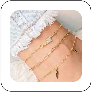 Boho Layered Gold Anklet Bracelets Crystal Lightning Bolt Anklet Chunky Paperclip Chain Anklets Lighting Dangle Anklet Bracelet Summer Beach Anklet Foot Chain Jewelry for Women