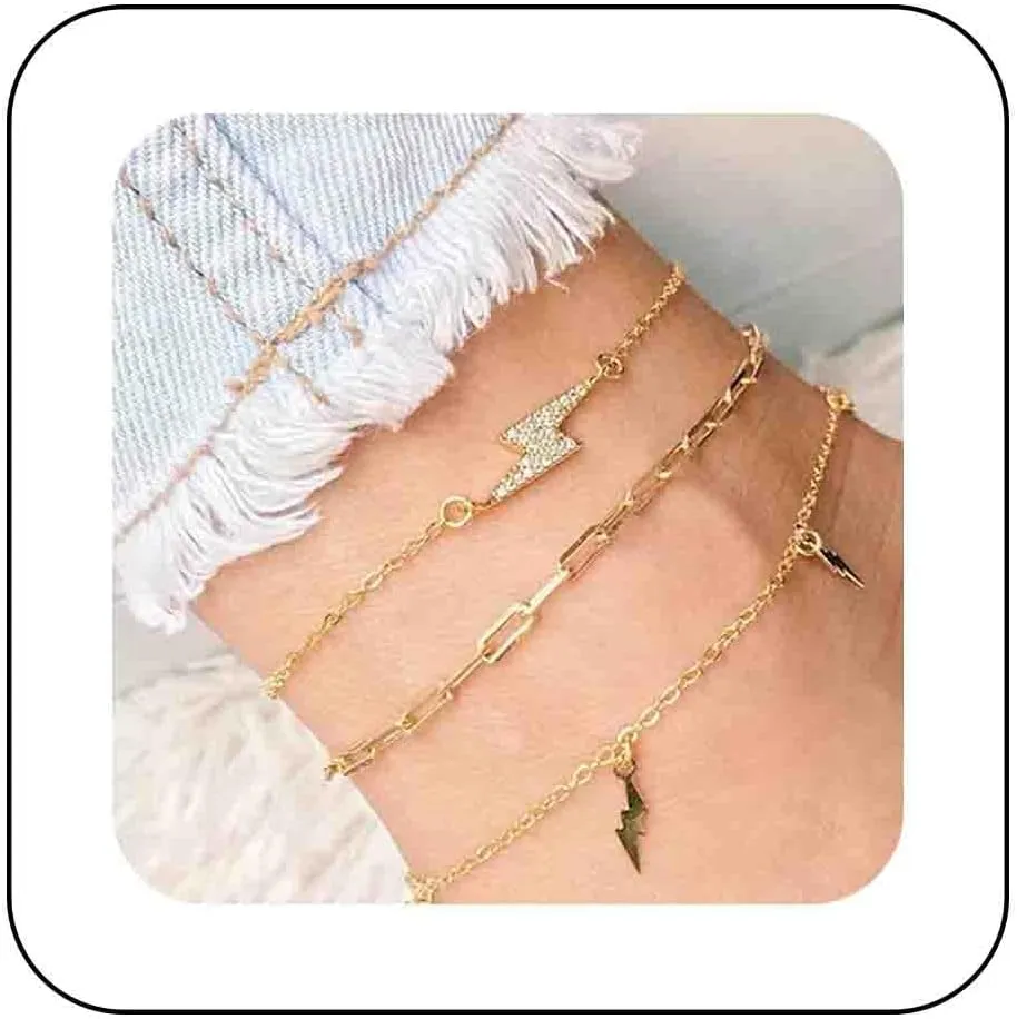 Boho Layered Lightning Anklet Bracelets Summer Beach Anklet Foot Chain Gold Crystal Bolt Anklet Paperclip Chunky Anklets Chain Lighting Bolt Dangle Anklet Bracelet Jewelry for Women
