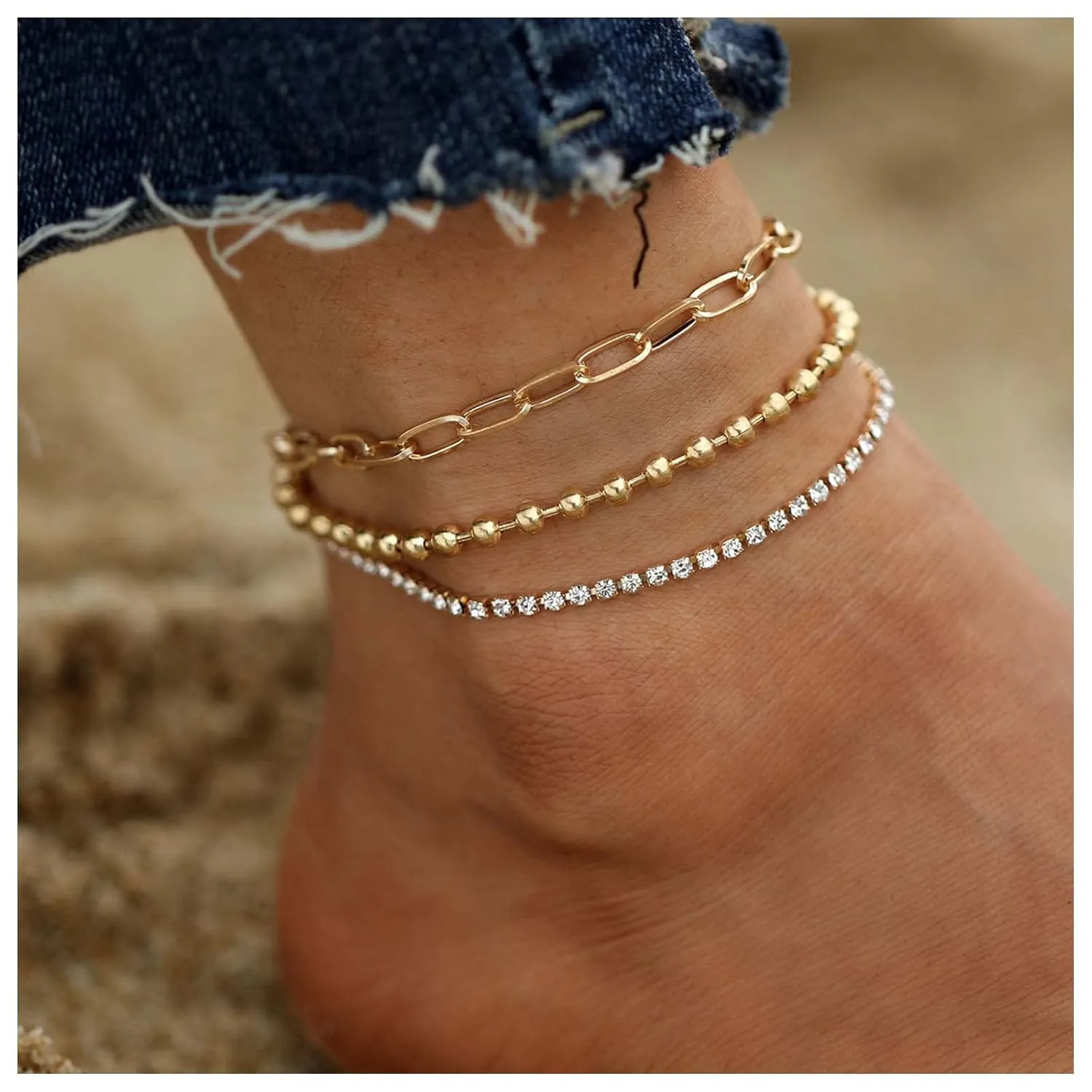 Boho Layered Rhinestone Anklet Chunky Paperclip Ankle Bracelet Crystal Cz Anklet Foot Chain Gold Ball Chain Anklets Jewelry for Women and Girls