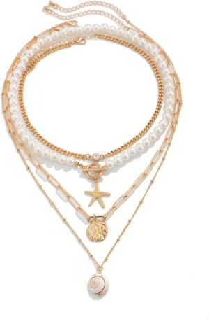 Boho Layered Starfish Shell Necklace Set for Women,Stackable White Pearl Beaded Gold Chain Link Choker Necklaces,Trendy Ocean Statement Jewelry Gifts
