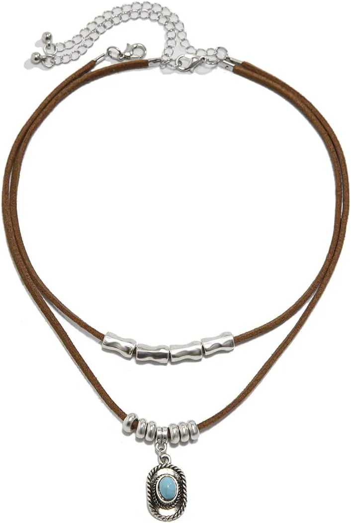 Boho Necklaces for Women Country Concert Outfits for Women Handmade Black Brown Leather Necklace Western Outfit Choker Necklace Cow Rodeo Outfit Jewelry