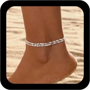 Boho Seed Beaded Anklet Elastic Beads Bracelet White Bead Anklet Bracelet Rice Bead Foot Chain Jewelry for Women