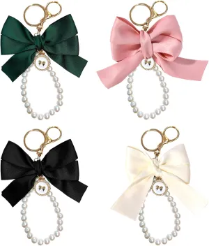 Bow Keychain for Purse 4 Pieces Bow Keychain Pearl Wristlet Bow Pearl Keychain Suitable for Car Keys Wristband Keychains Suitable for Girls (Black,White,Pink,Dark Green)