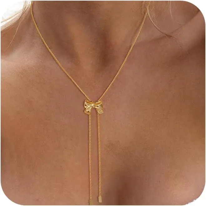 Bow Necklace for Women Dainty 14K Gold Necklace Cute Bow Pendant Choker Chain Necklace Trendy Small Tiny Pearl Bowknot Butterfly Necklace for Women Fashion Jewelry