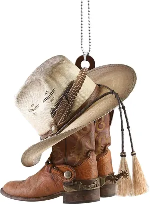 Brown Personalized Cowboy Boots und Hats Car Charm - Western Theme Acrylic Auto Hanging Ornament for Mirror/Keychain