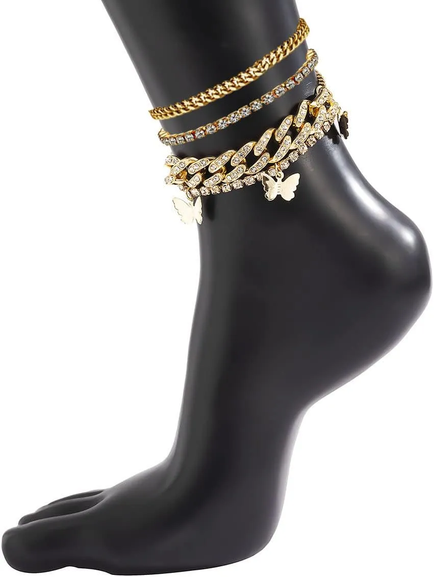 Butterfly Ankle Bracelet for Women Rhinestone Anklets Bulk Adjustable Layered Beach Ankle Bracelet Braided Chain Anklet Charm Ankle Bracelet Jewerly Gift