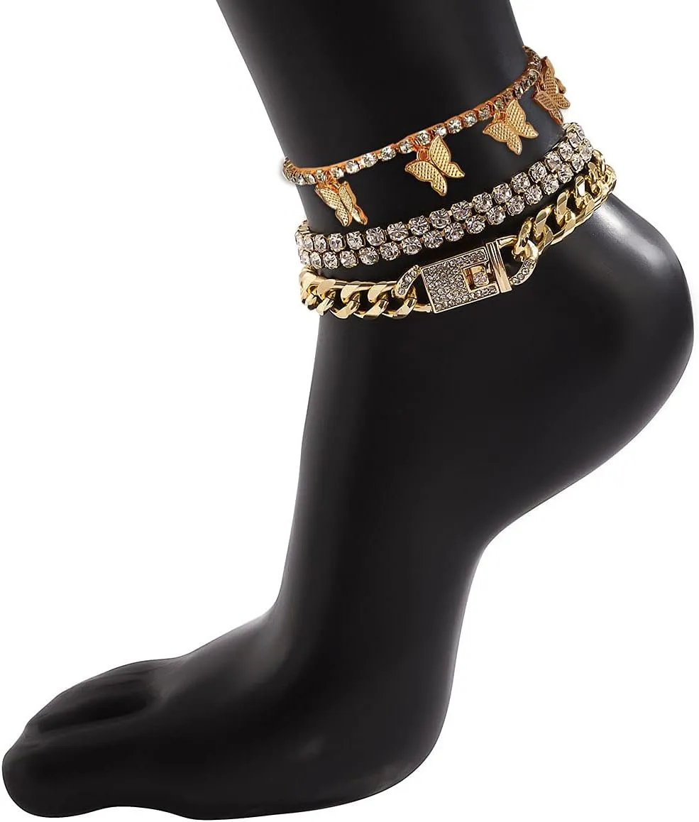 Butterfly Ankle Bracelet for Women Rhinestone Anklets Bulk Adjustable Layered Beach Ankle Bracelet Braided Chain Anklet Charm Ankle Bracelet Jewerly Gift