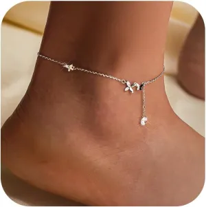 Butterfly Anklet for Women S925 Sterling Silver Cubic Zirconia Pendant Anklet Bracelets for Friends Adjustable Bead Anklets Chain Summer Beach Foot College Graduation Gifts for Her