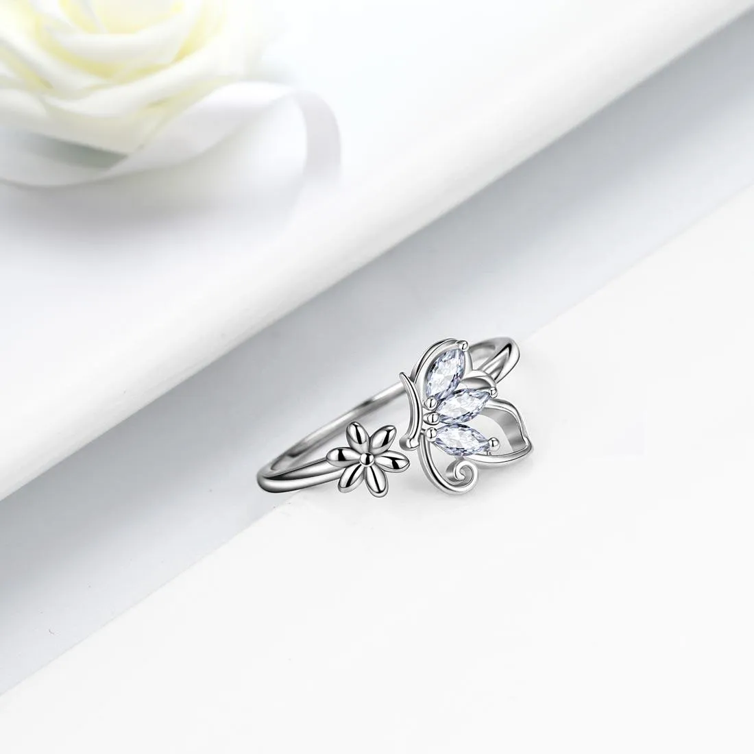 Butterfly Ring Open Birthstone April Diamond Women Girls Jewelry Birthday Gift