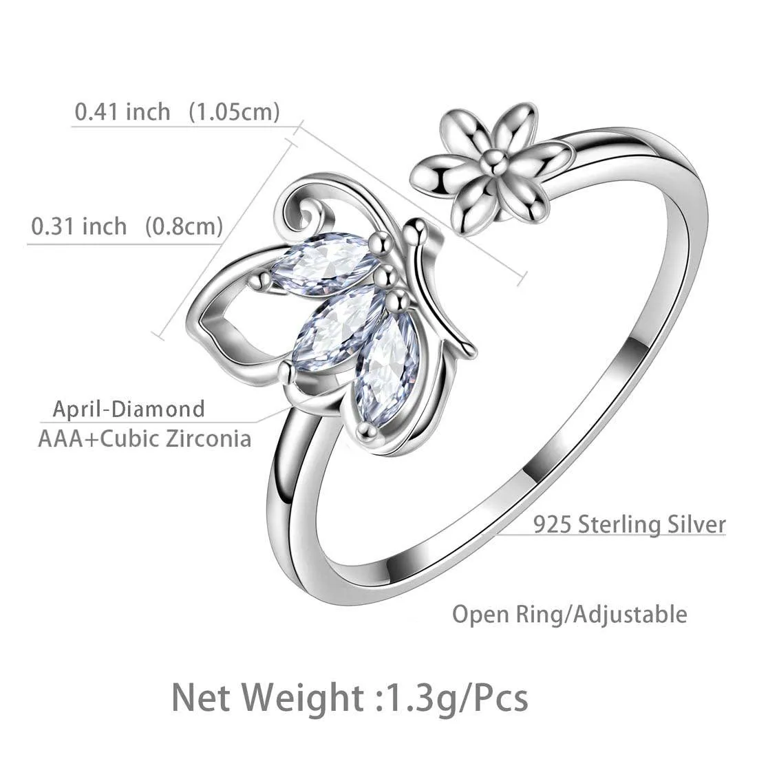 Butterfly Ring Open Birthstone April Diamond Women Girls Jewelry Birthday Gift