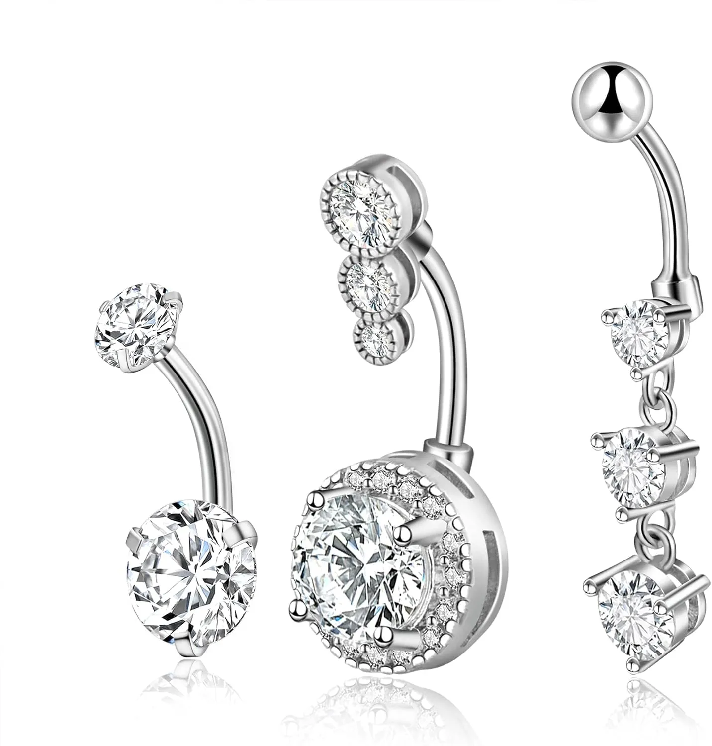 CANDYFANCY 14G Dangly Belly Button Rings Surgical Steel Gem Navel Rings Dangle Triple Round CZ Barbell Belly Piercings Jewelry