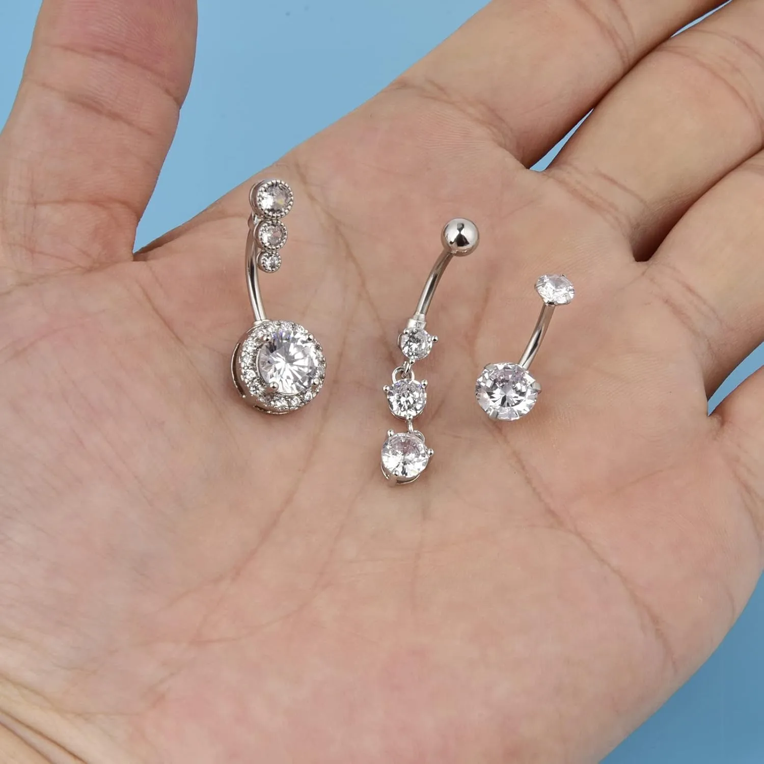 CANDYFANCY 14G Dangly Belly Button Rings Surgical Steel Gem Navel Rings Dangle Triple Round CZ Barbell Belly Piercings Jewelry